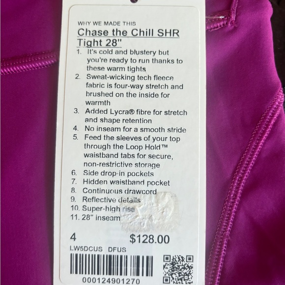 NWT Lululemon Chase the Chill Tight 28’’ Size 4 Deep Fuschia - Picture 2 of 2